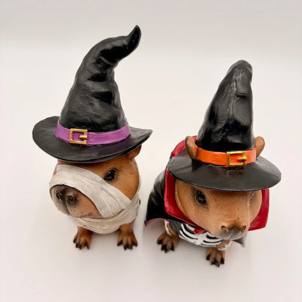 Halloween Capybara Figurine Set 2 Mummy Skeleton Vampire Witch Hat Decor Hamster